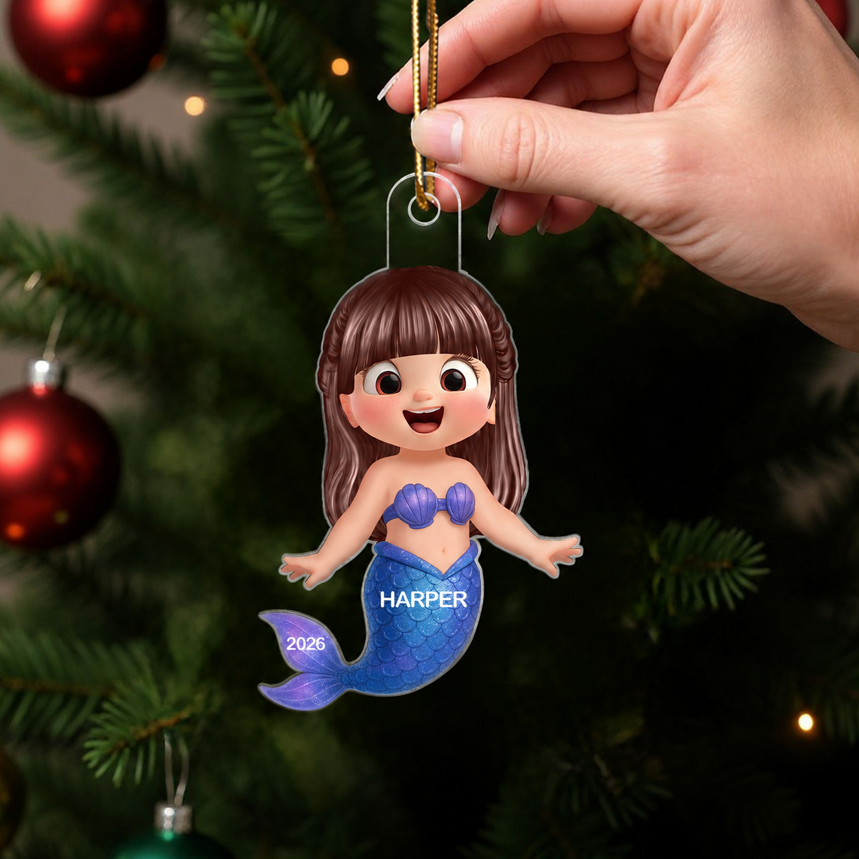 3D Effect Little Girl Mermaid Christmas Personalized Acrylic Ornament