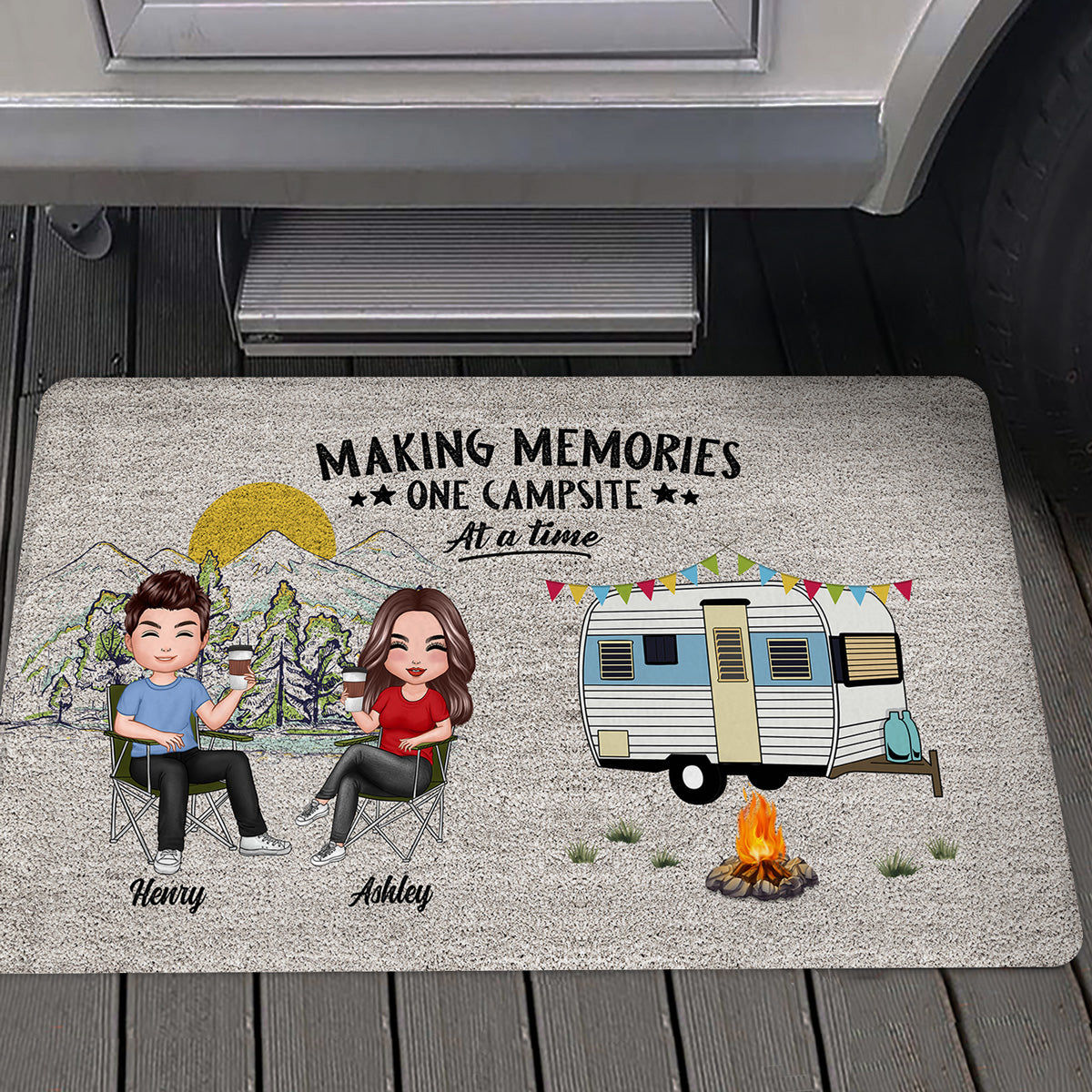 Home Is Where We Park It Doll Family Camping Personalized Doormat