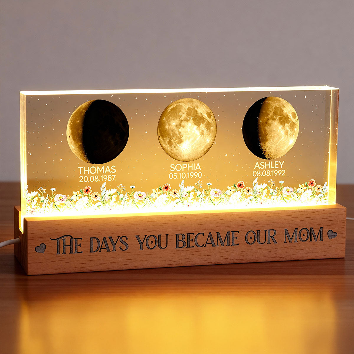 Floral Custom Birth Moon Phase The Day You Become Our Mom - Personalized Acrylic Block LED Night Light - Heartfelt Gift For Mom