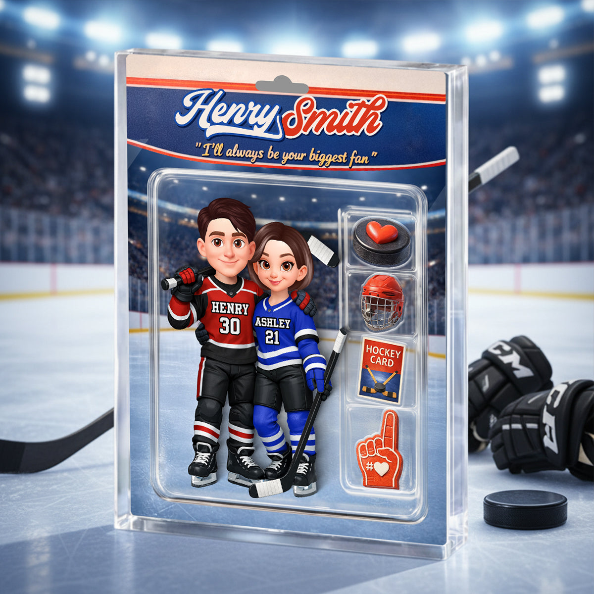 Hockey Couple I'll Always Be Your Biggest Fan Custom Action Figure - Personalized Acrylic Block Plaque - Sentimental Gift for Him