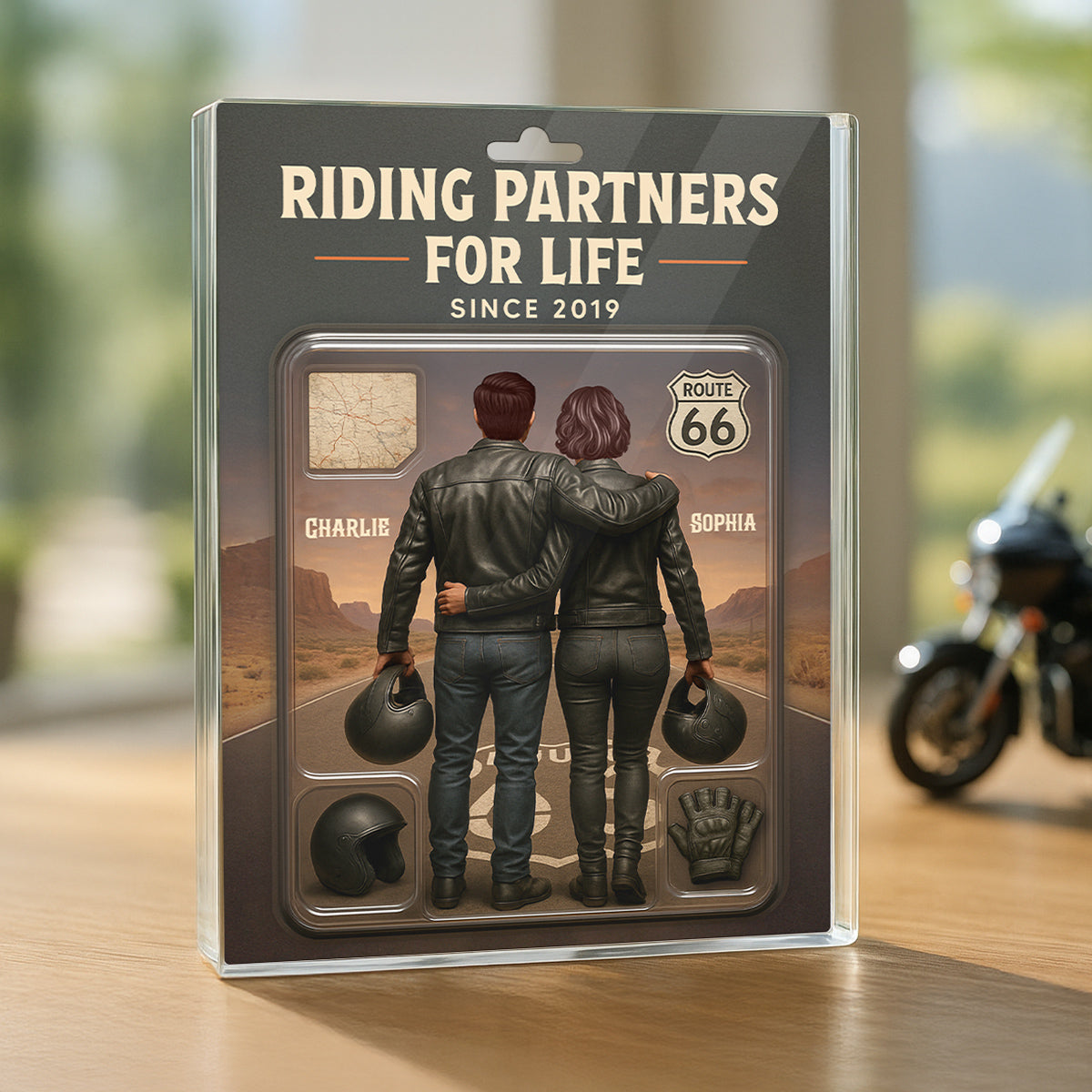 3D Effect Custom Figure Couple Bikers Riding Partners For Life Personalized Flat Acrylic Block, Birthday Gift, Wedding Gift, Anniversary Gift For Bikers