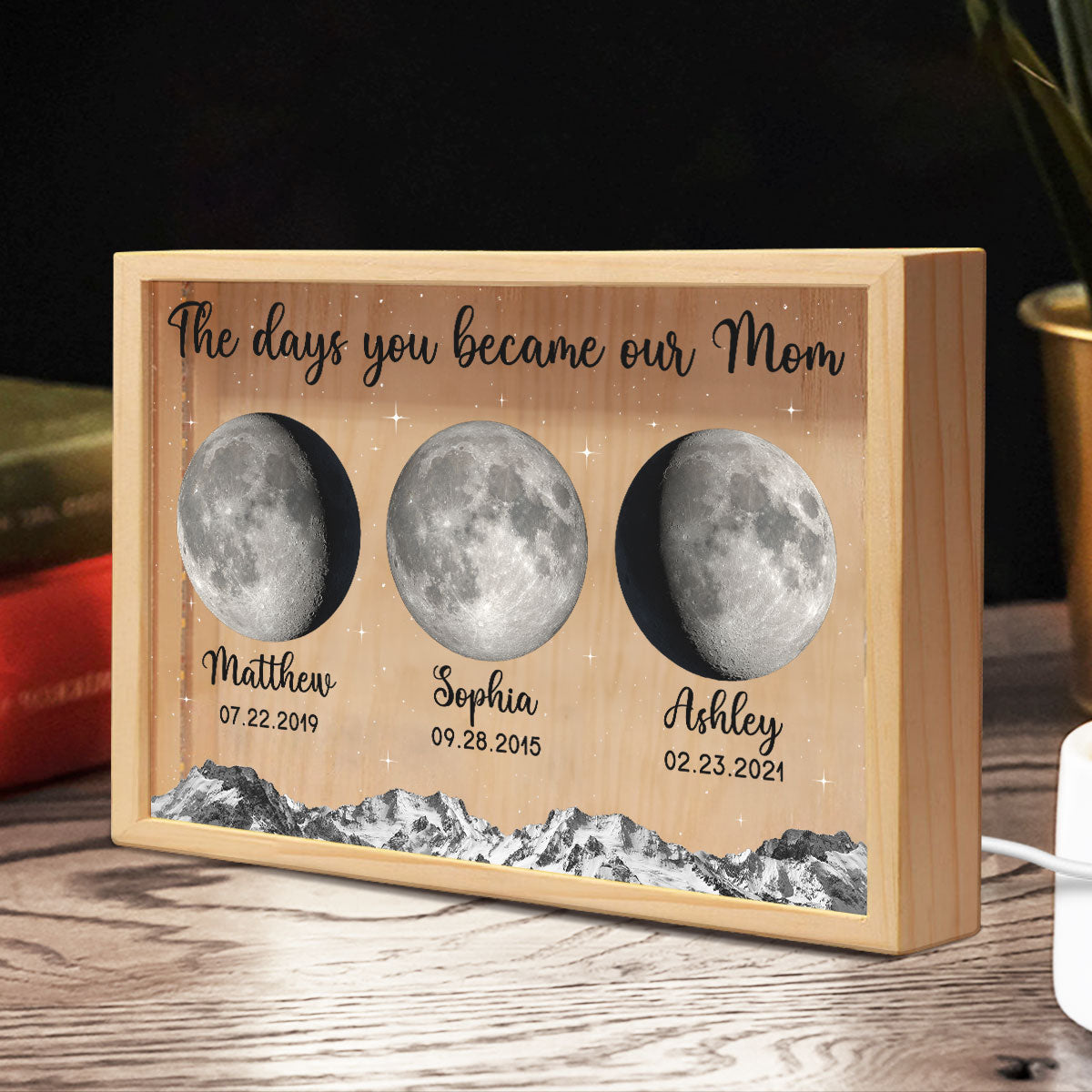 The Day You Became Mom Grandma Custom Birth Moon Phase Personalized Wooden Frame Light Box, Gift