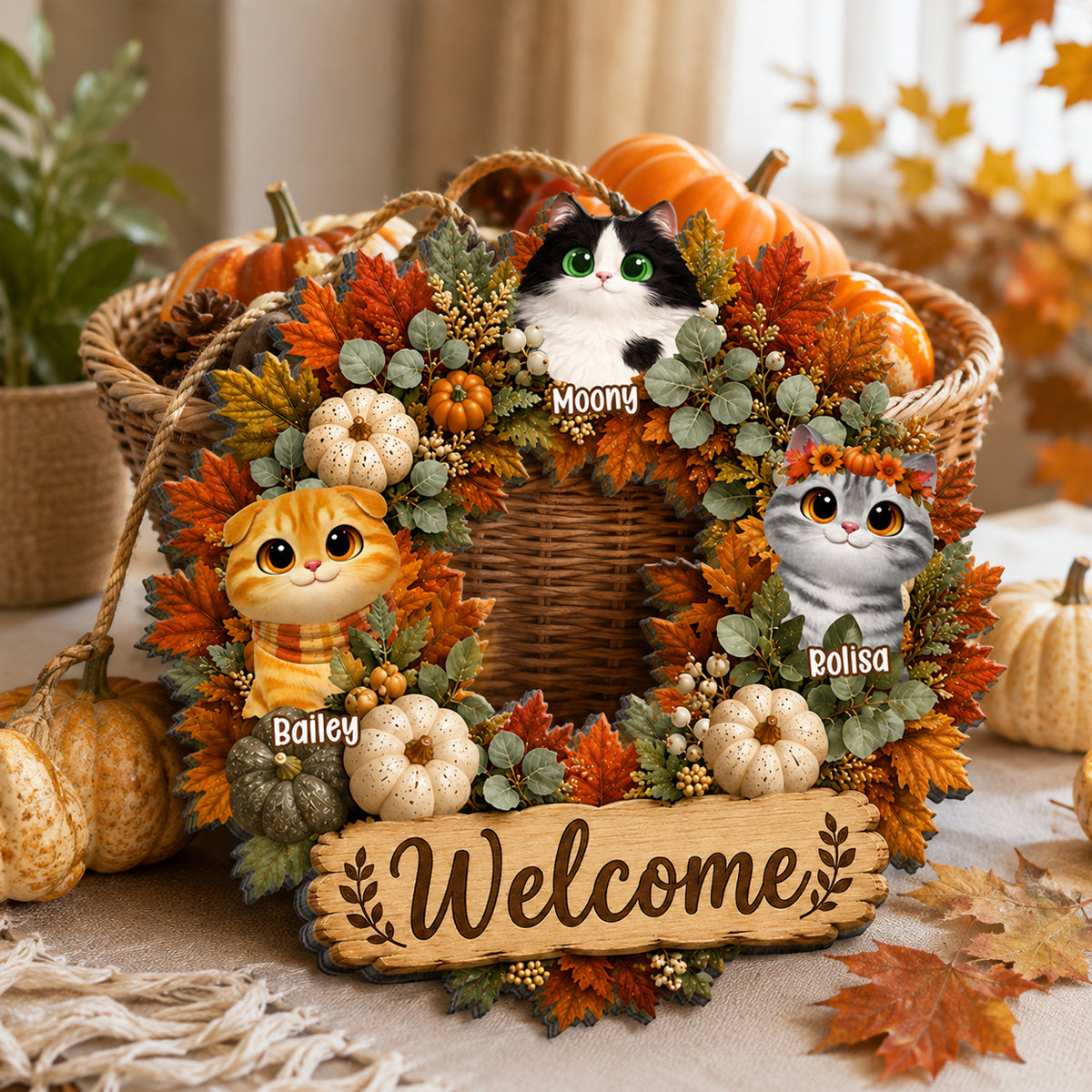 Fall Pumpkin Wreath Cats - Personalized Door Sign - Fall Season Decor Gift, Gift For Cat Lovers