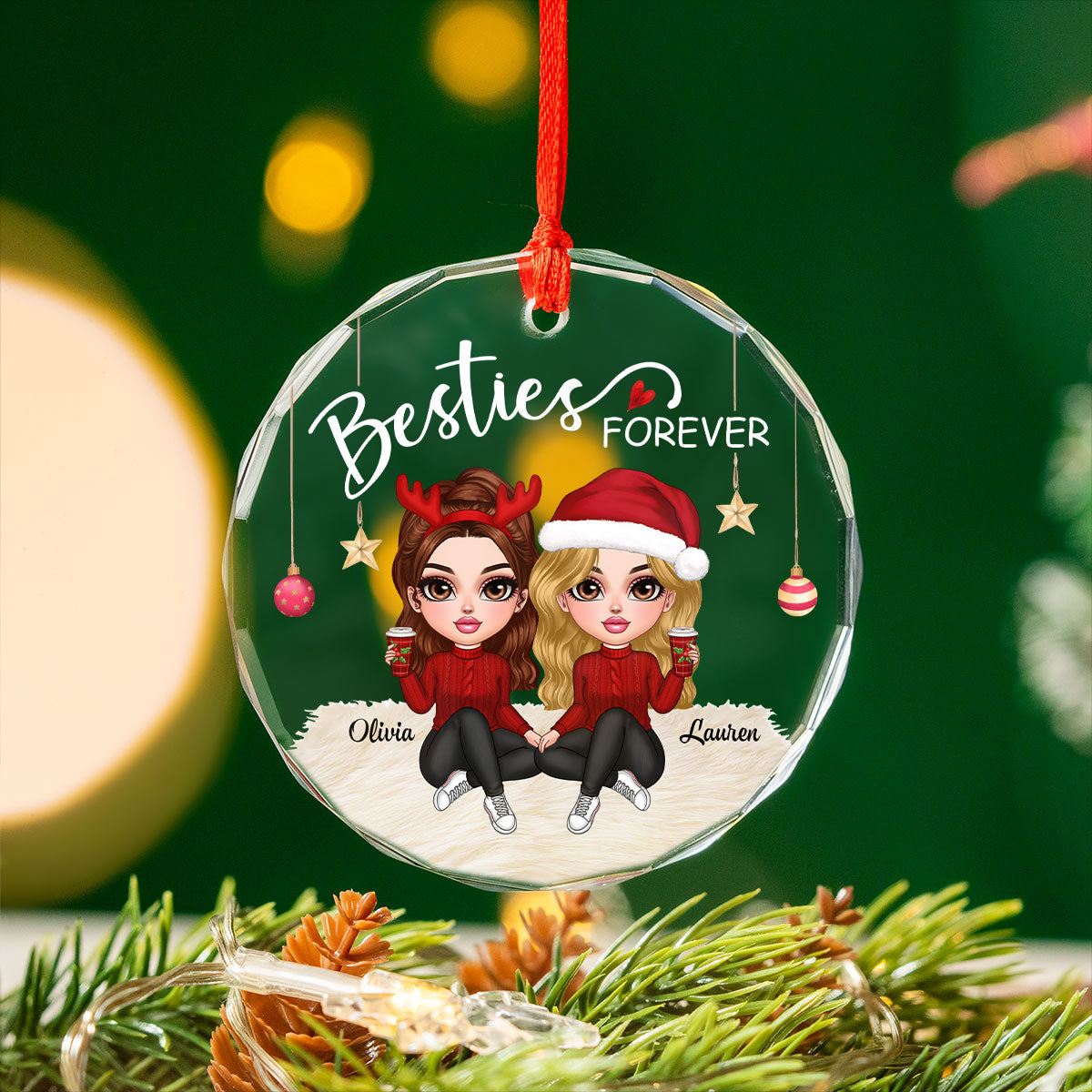 Besties Forever Y2K Best Friends Personalized Glass Ornament, Friendship Christmas Gift