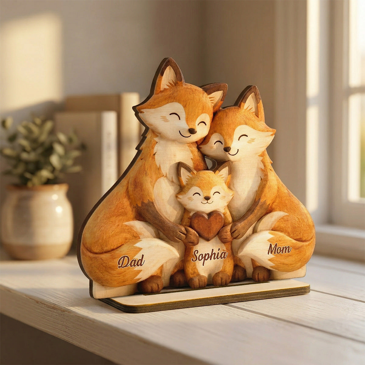 Cozy Fox Family - Personalized 2-Layered Wooden Plaque - Mother's Day Gift For Mom, Woodland Animal Decor