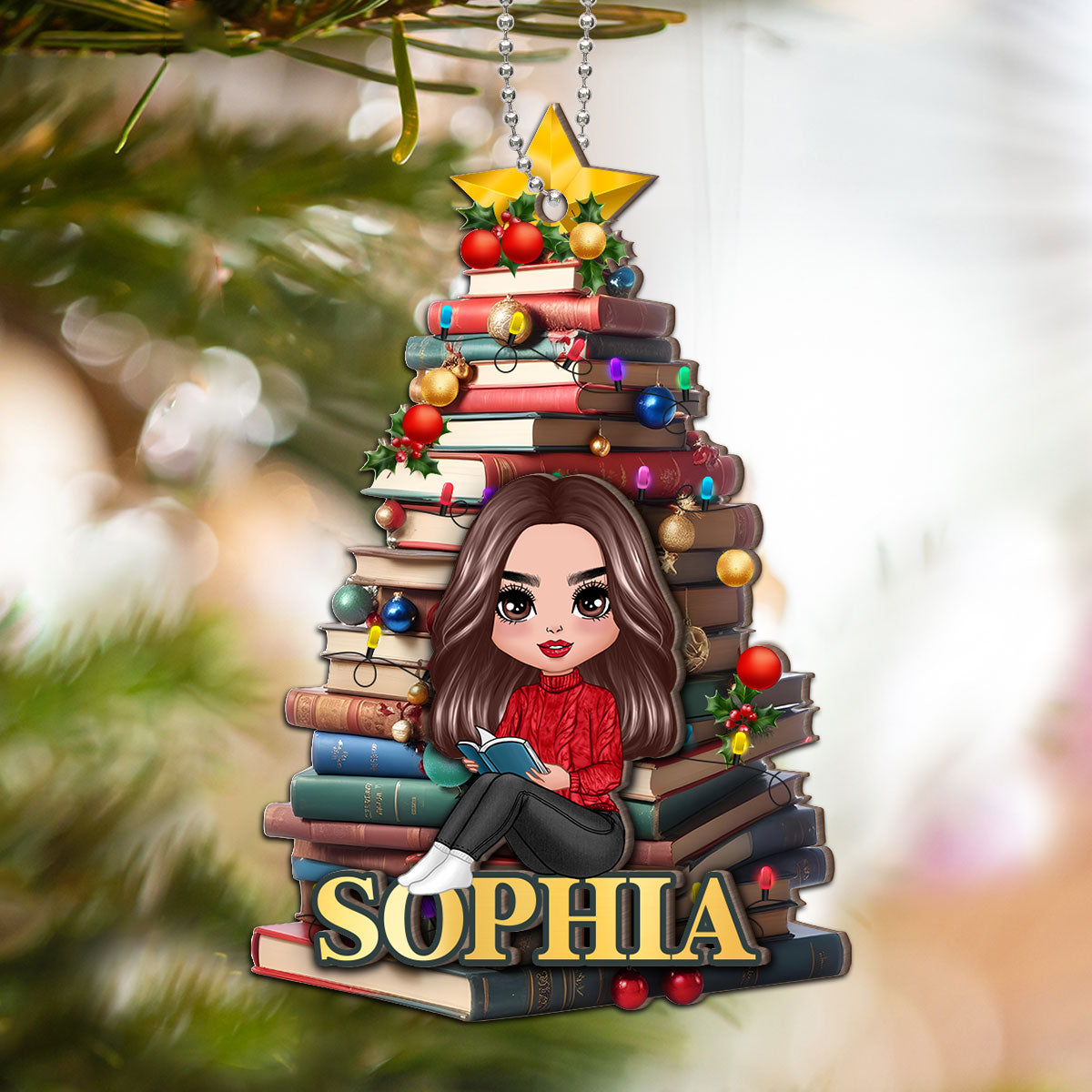 Christmas Book Tree Name Personalized 2-Layer Wooden Ornament, Book Lover Gift, Bookworm Gifts