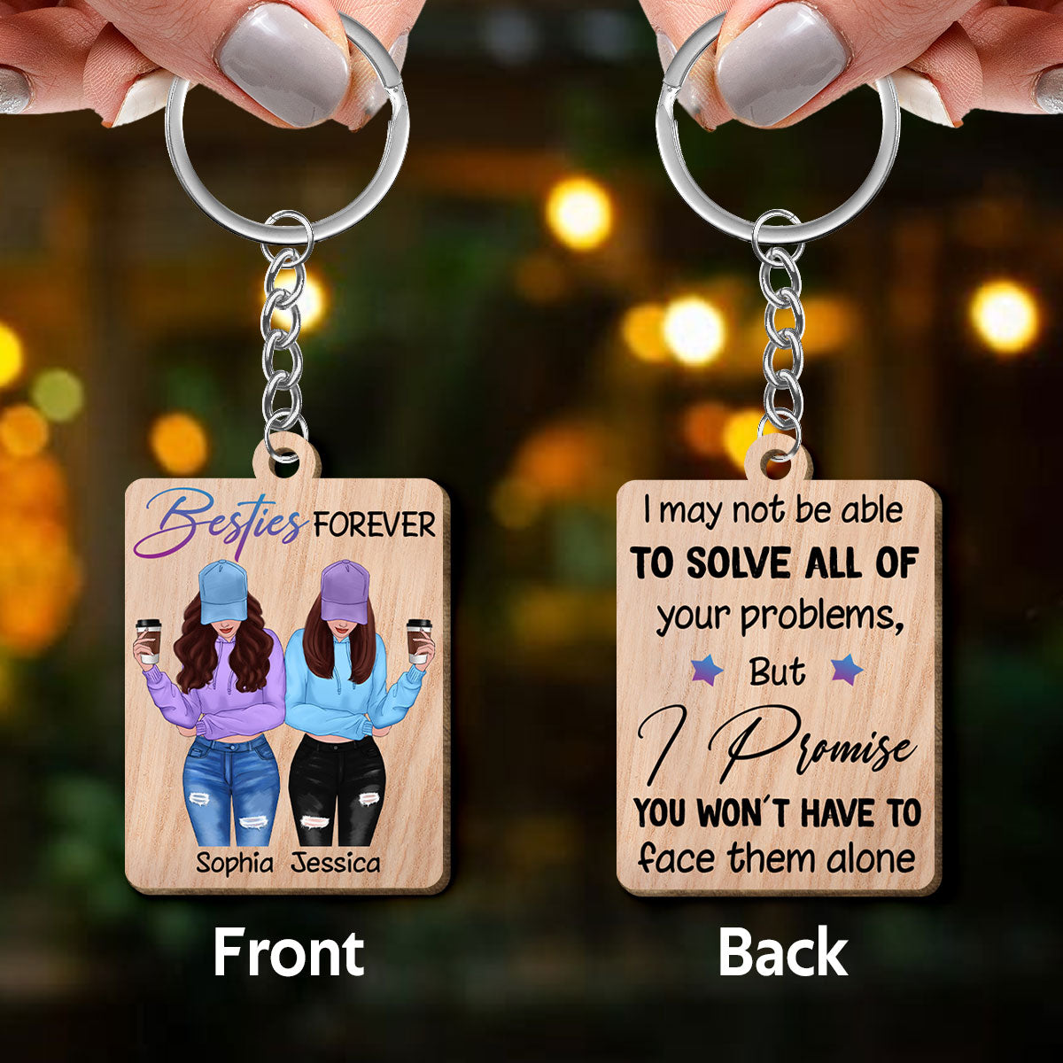 Front View Besties To My Besties Personalized Wooden Keychain