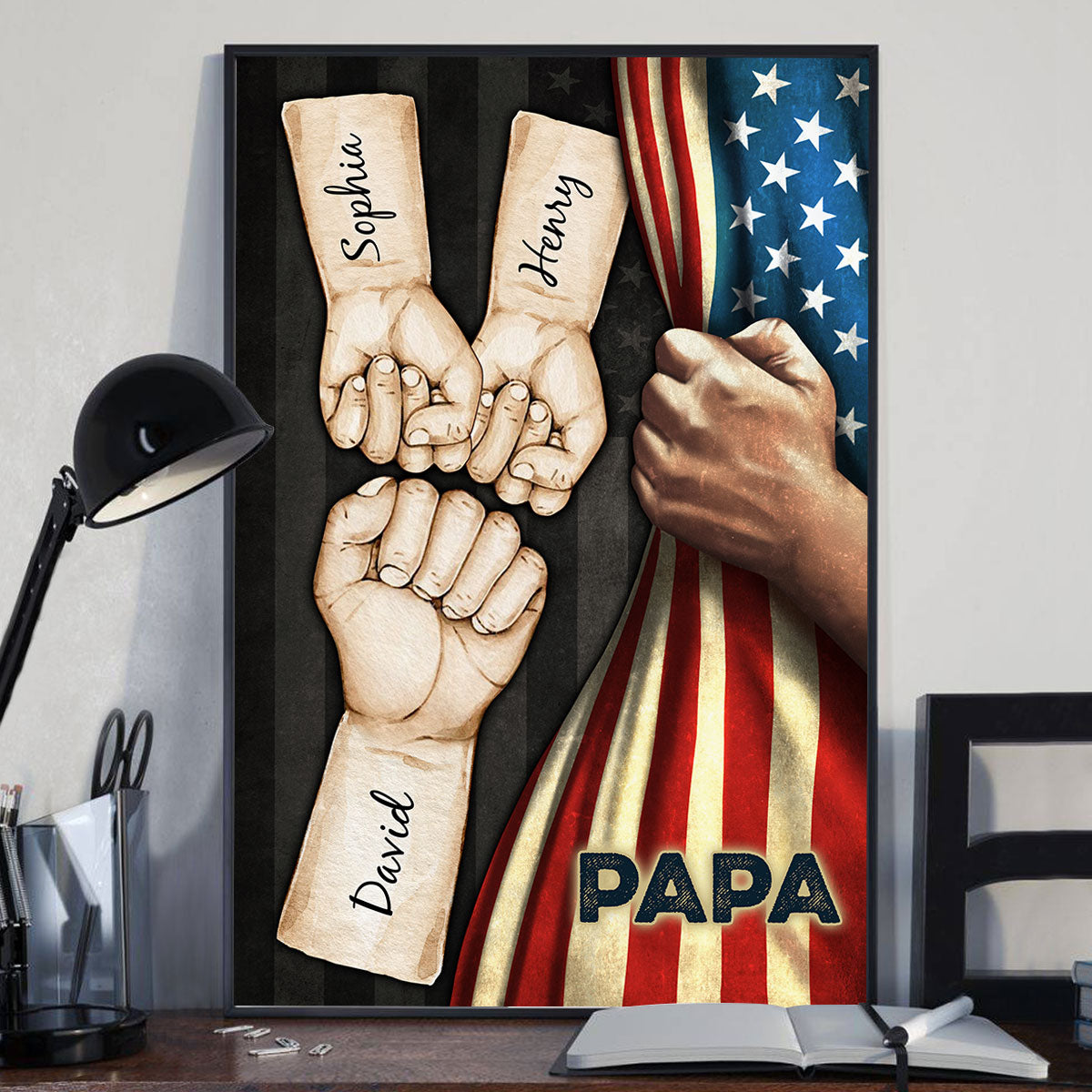 Grandpa Dad Fist Bump Hand Pulling American Flag Personalized Poster, Father's Day Gift for Dad, for Grandpa, for Husband
