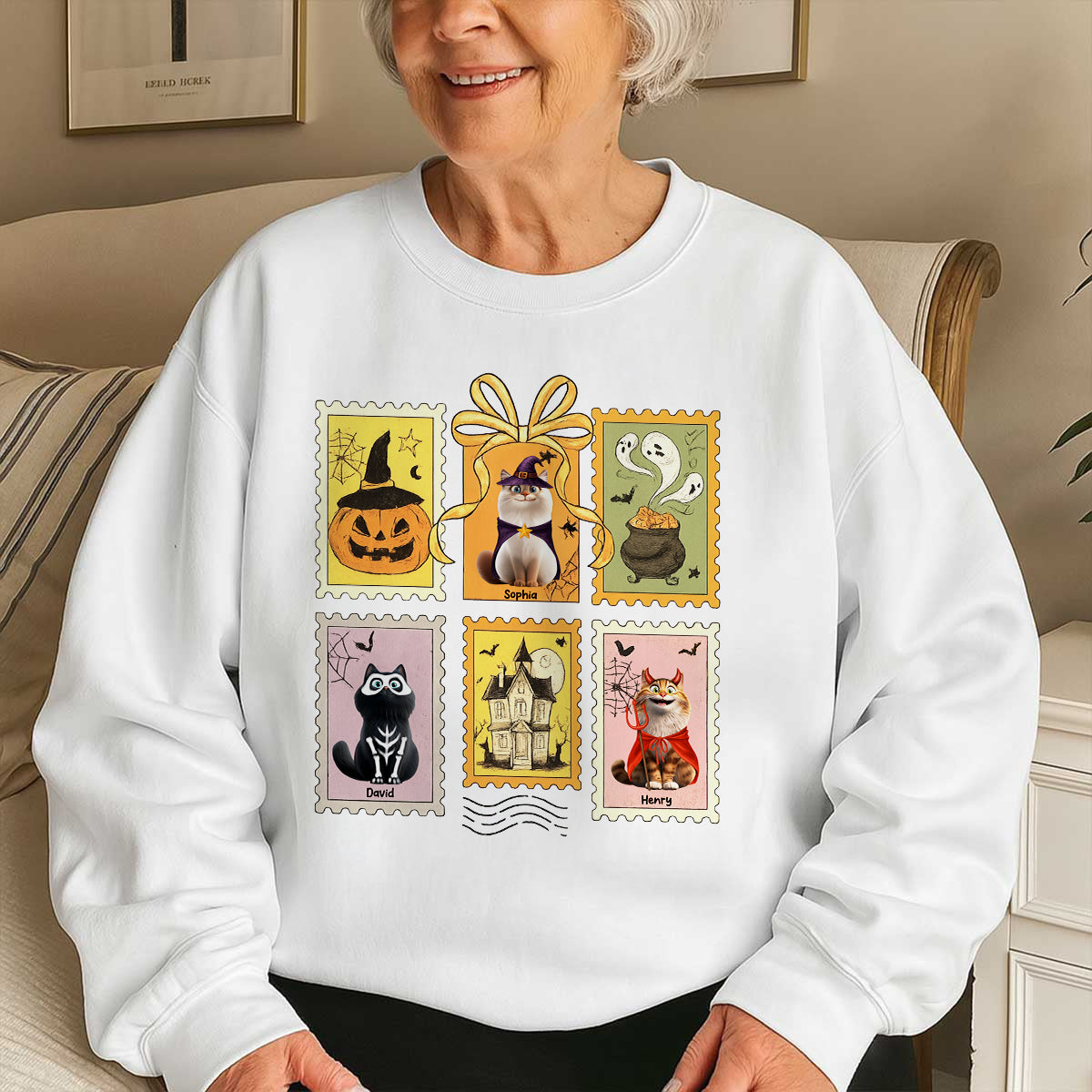 Cute Cats Retro Halloween Postage Stamp Sweatshirt – Cute & Spooky Fall Personalized Sweatshirt