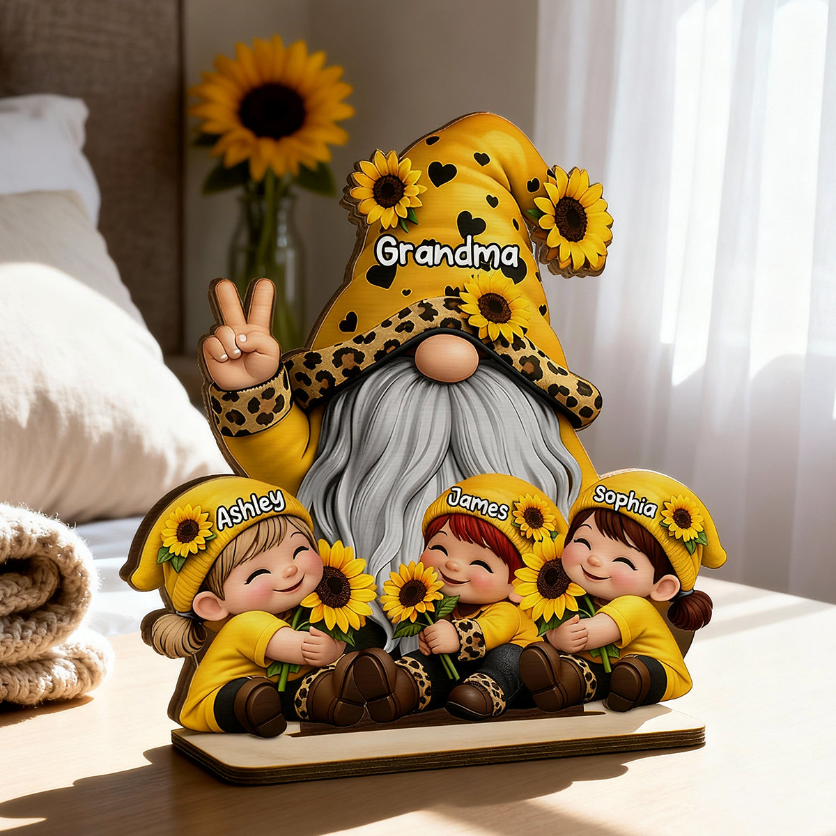 Gnome Grandma & Grandkids Sunflower - Personalized 2-Layered Wooden Plaque - Sentimental Gift for Grandma
