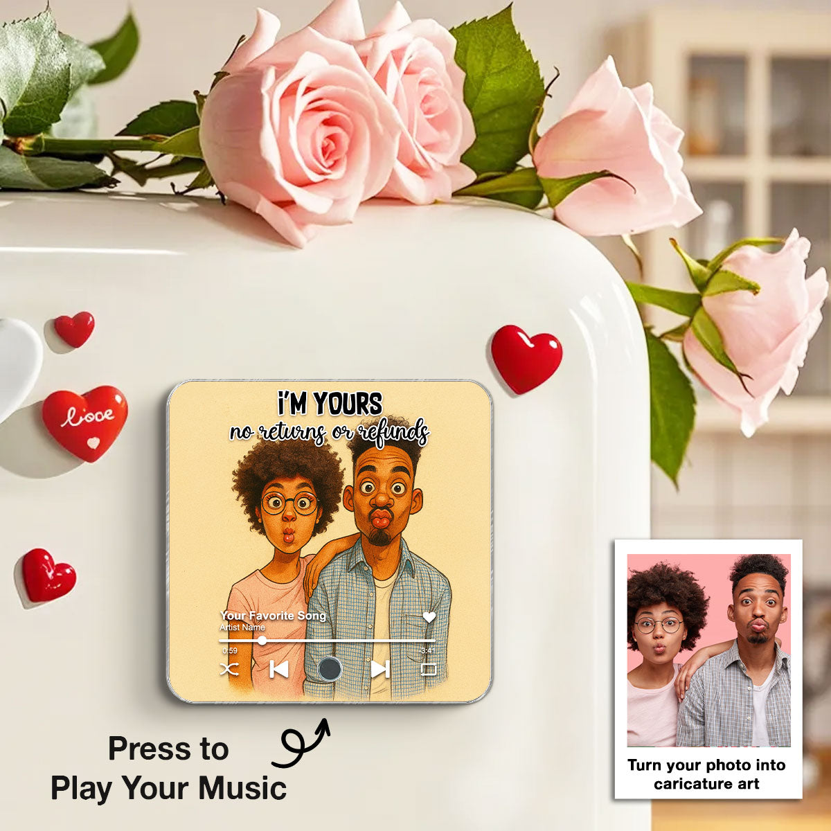 Caricature Couple Photo Personalized Music Fridge Magnet, Anniversary, Birthday, Just Because Gift for him, Gift for her