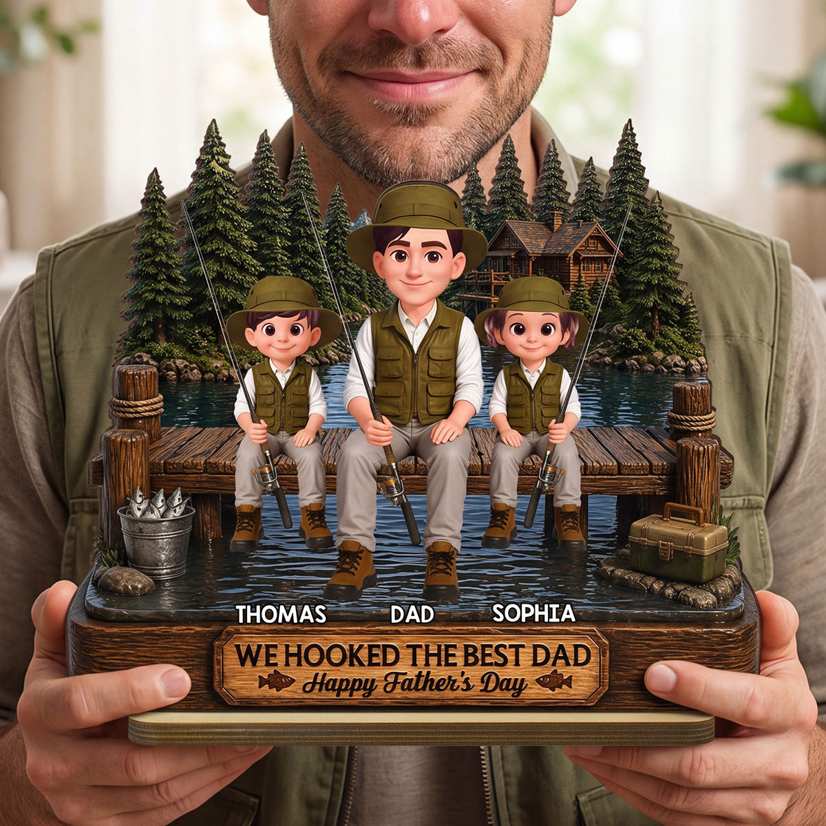Fishing We Hooked The Best Dad - Personalized 2-Layered Wooden Plaque - Father's Day Gift For Fishing Dad, Fishing Lovers