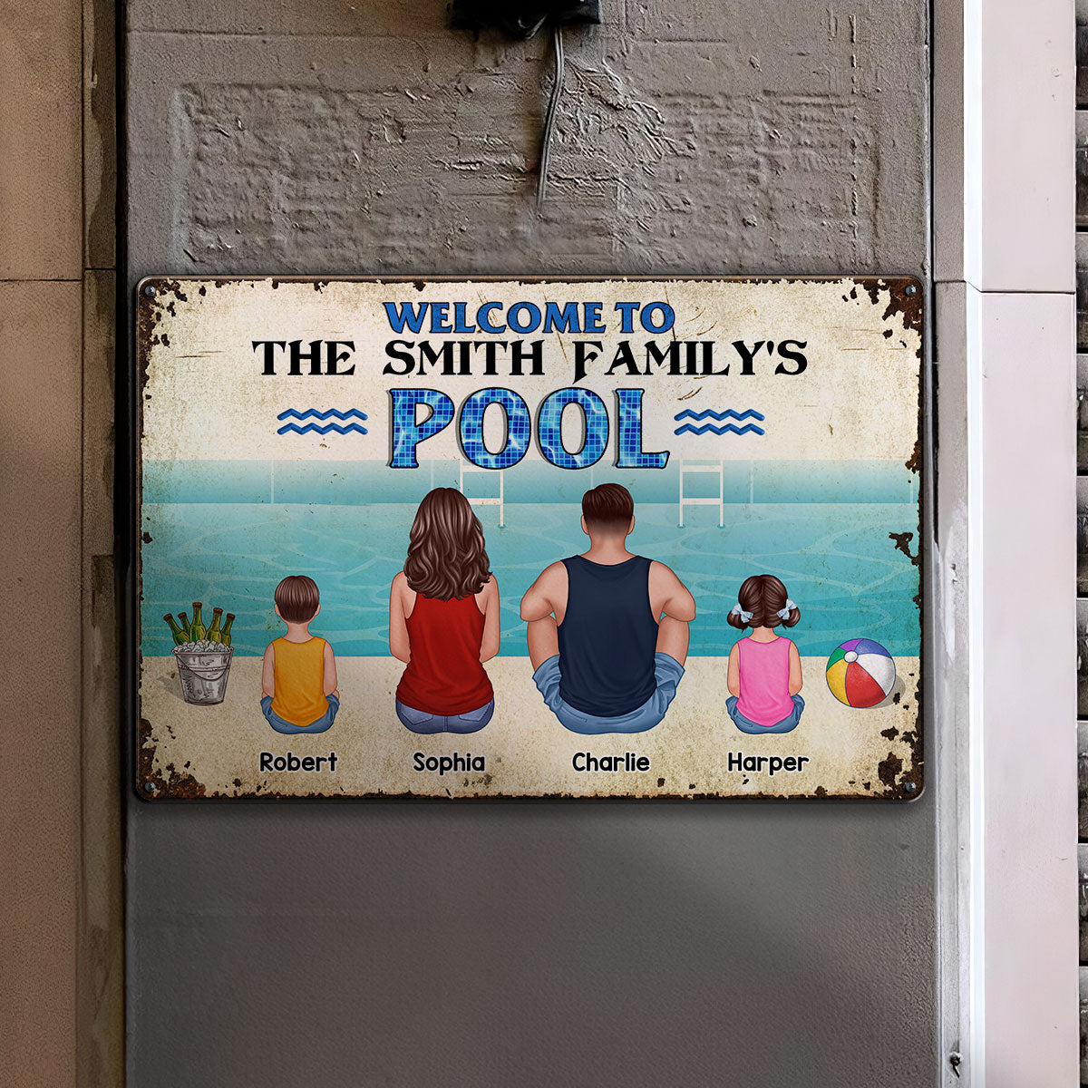 Welcome To Family Poolside Back View Personalized Metal Sign