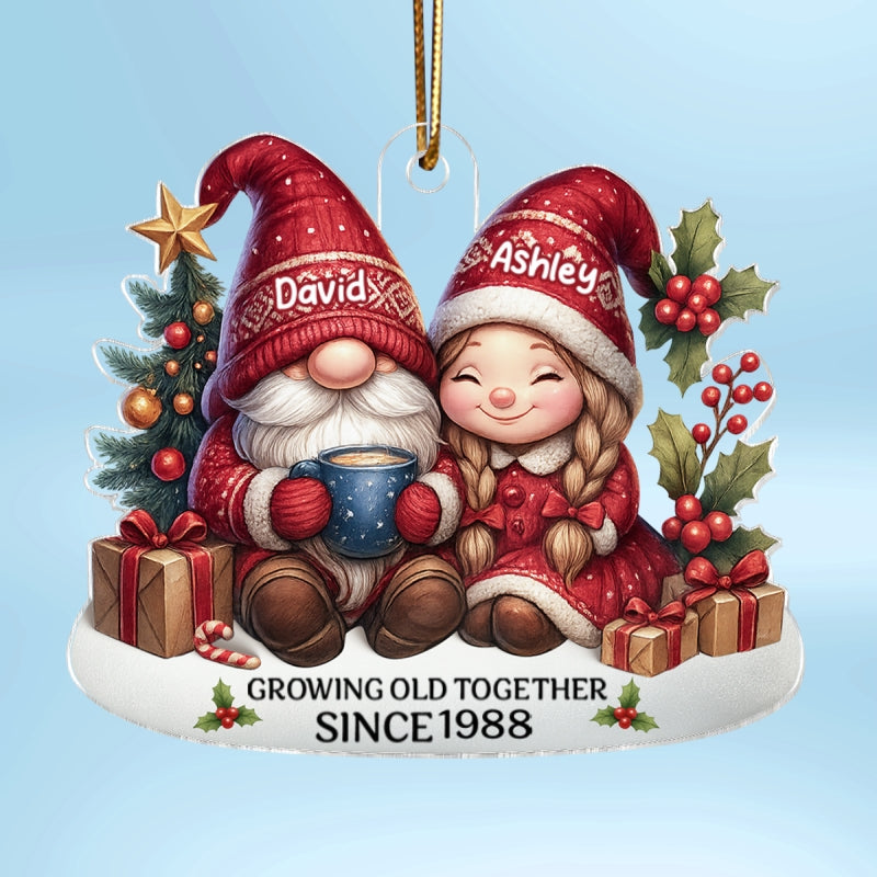 Gnome Couple Growing Old Together Personalized Acrylic Ornament, 3D Effect Ornament for Couples