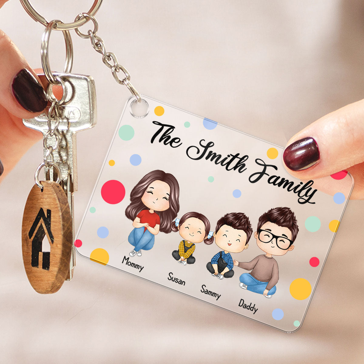 Polka Dot Pattern Whole Family Couple Dad Mom Kids Dogs Cats Watercolor Styles Sitting Personalized Acrylic Keychain