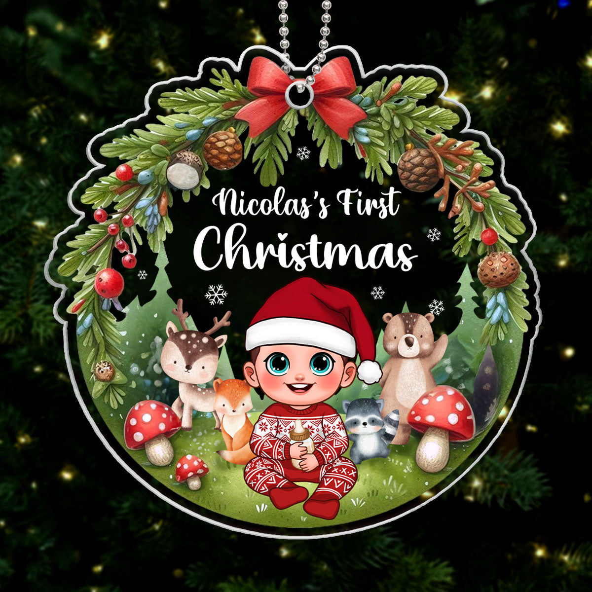 Animated Woodland Animals Baby's First Christmas Personalized Acrylic Ornament