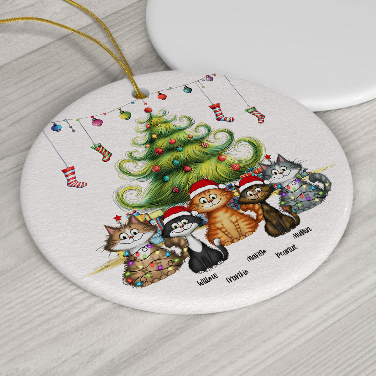 Quirky Christmas Tree Cats Whimsical Personalized Circle Ceramic Ornament
