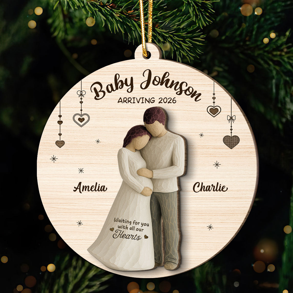 2D Flat Waiting For You With All Our Hearts Couple Expecting Baby - Personalized 2-Layer Wooden Ornament, Baby Shower Gift For Parents-to-be