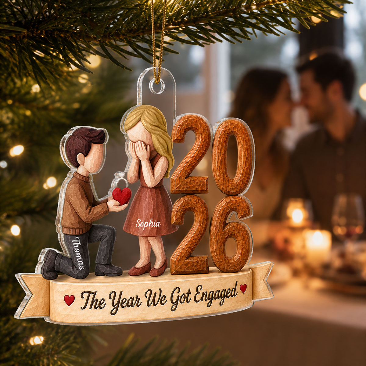 The Year We Got Engaged 2026 Proposal Couple 2D Wooden Effect – Personalized Acrylic Ornament – Engagement Keepsake