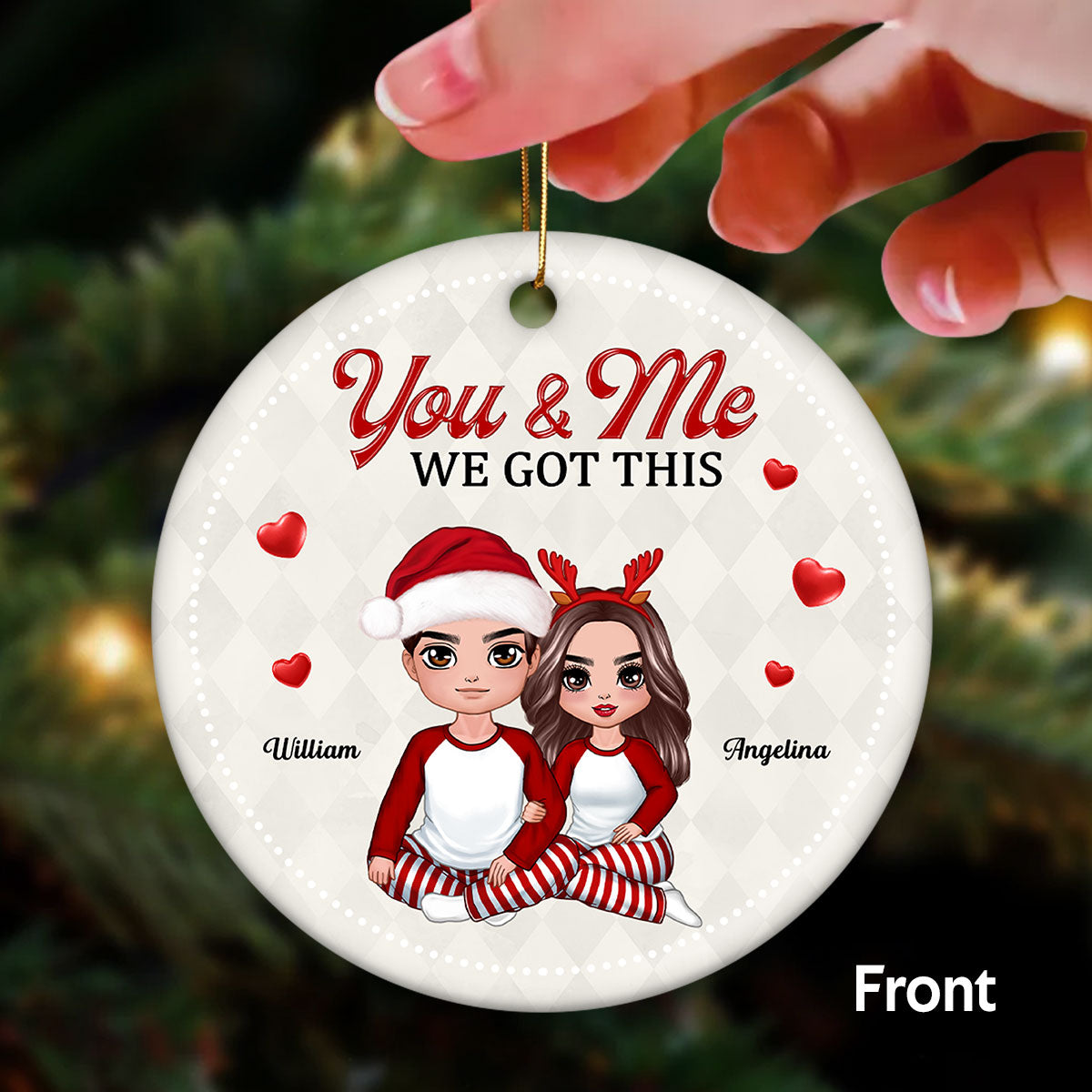 Christmas Doll Couple Hugging Sitting Calendar Anniversary Date Personalized Double Sided Circle Ornament