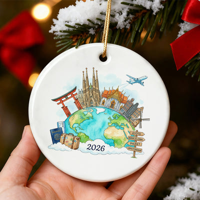 Travel Memories Watercolor Globe - Personalized Ceramic Ornament - Custom Travel Destinations & Year, Iconic Landmarks Keepsake, Gift for Travelers & Couples
