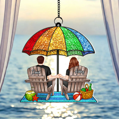 Under Beach Umbrella Happy Couple Personalized Suncatcher