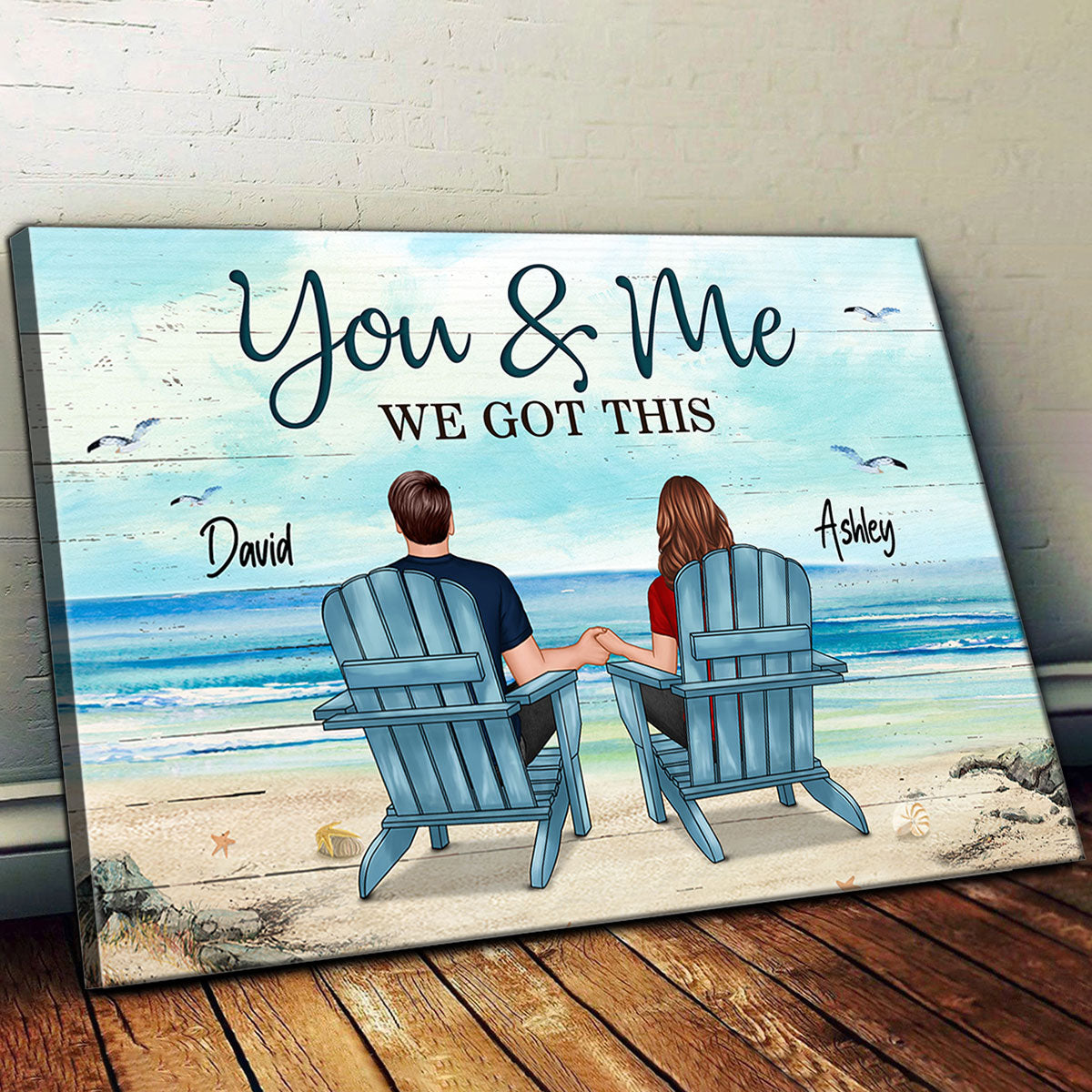 Back View Couple Sitting Beach Landscape Personalized Canvas Print