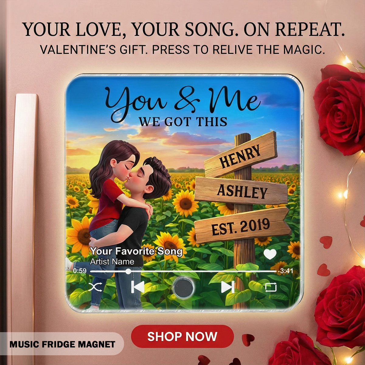 Everlasting Love Couple Hugging Kissing Sunflower Field Sign Posts - Personalized Music Fridge Magnet - Valentine's Day Gift For Couple