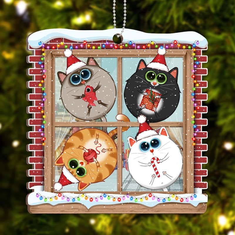 Funny Cat Hanging On Window Personalized Wooden Ornament
