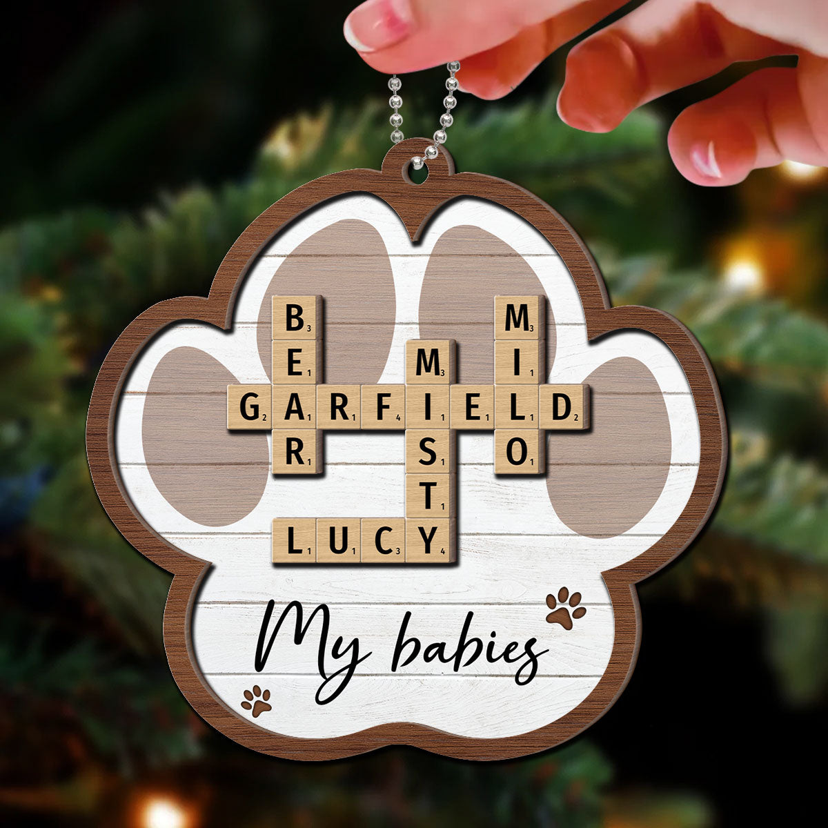 Pet Names Crossword Puzzle Art Personalized Paw Shaped 2-Layer Wooden Ornament [Can add up to 20 pet names]