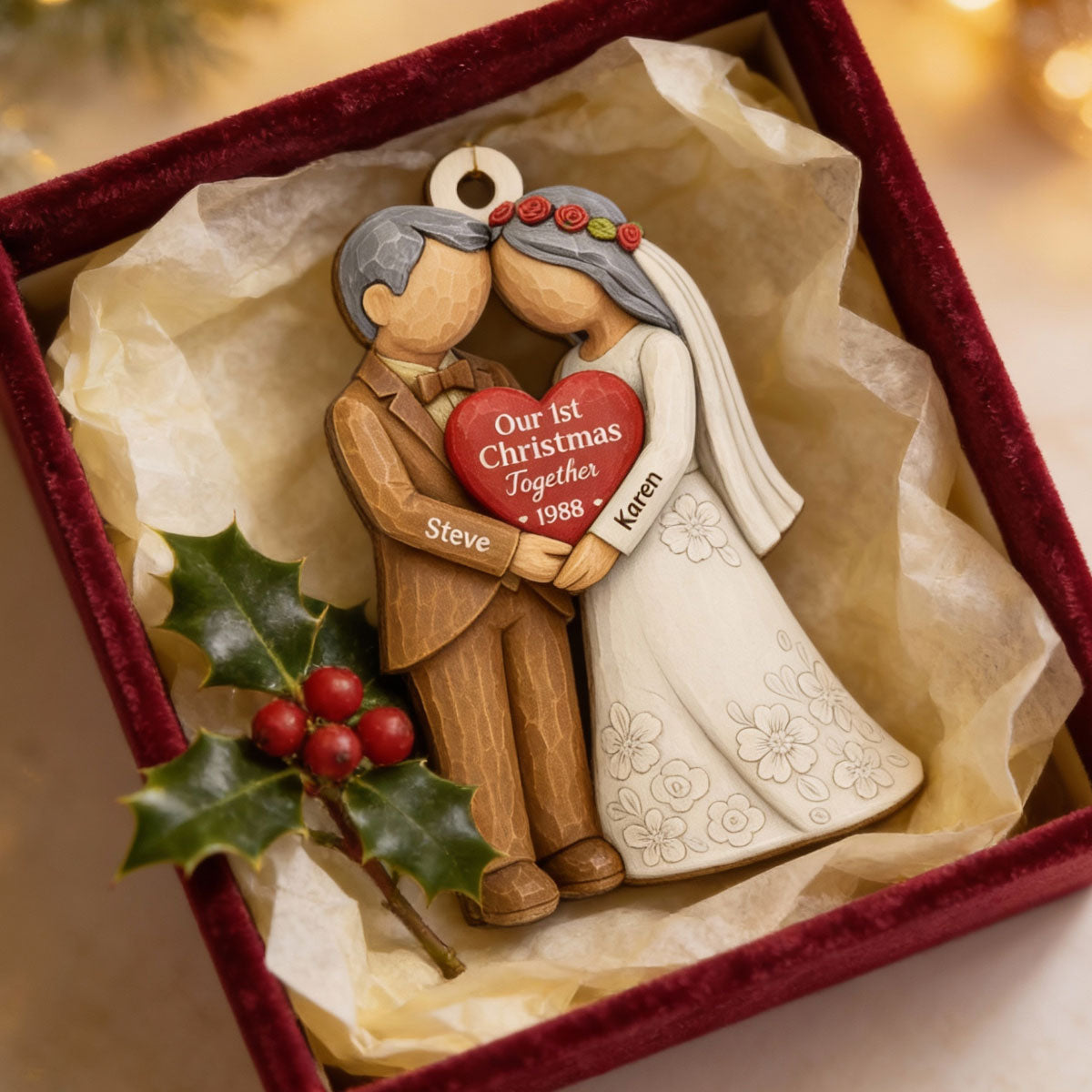 3D Effect First Christmas Married Engaged Couple - Personalized Wooden Ornament - Christmas Gift for her, for him, Newlyweds Gift