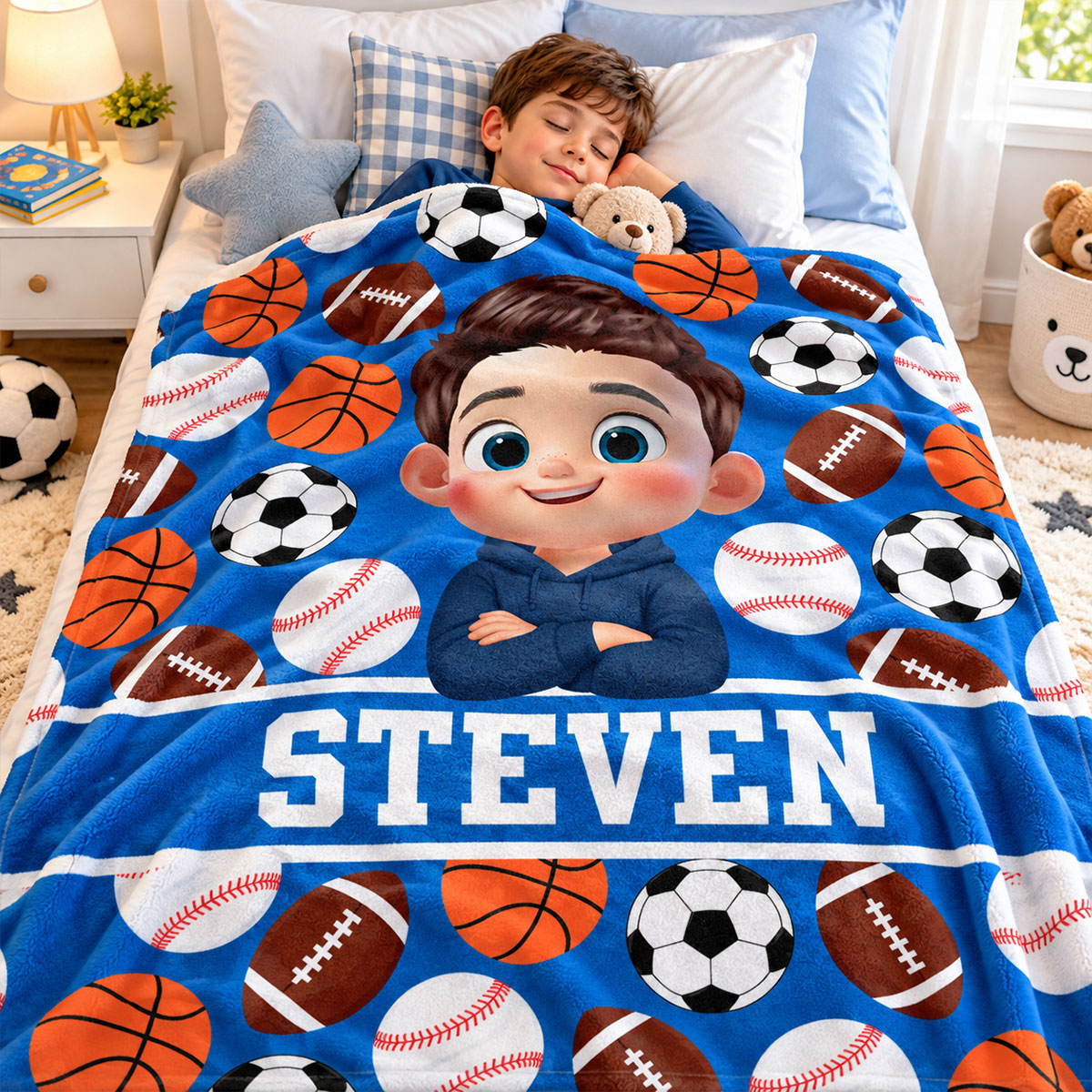 Multiple Sports Lovers Boy Girl Custom Name - Personalized Fleece Blanket - Christmas Gift For Kids Sport Lovers, Grandson, Son, Granddaughter, Daughter