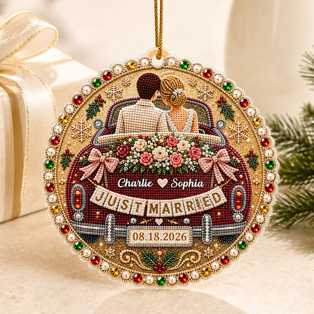 Just Married Wedding Car - Personalized Acrylic Ornament - Christmas Gift For Couple