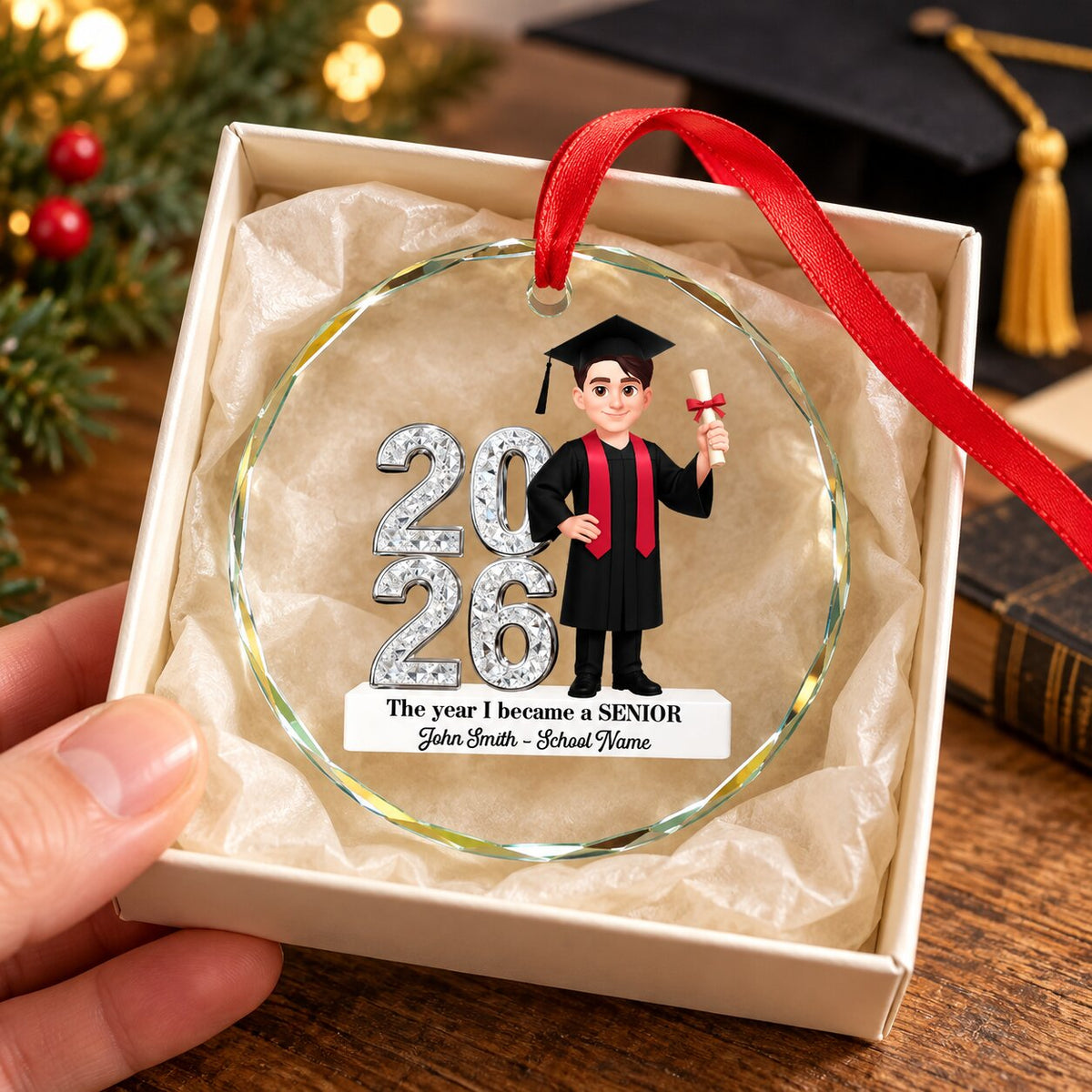 The Year I Became A Senior - Personalized Glass Ornament - Christmas Gift For Seniors, Daughter, Son, Granddaughters, Grandsons