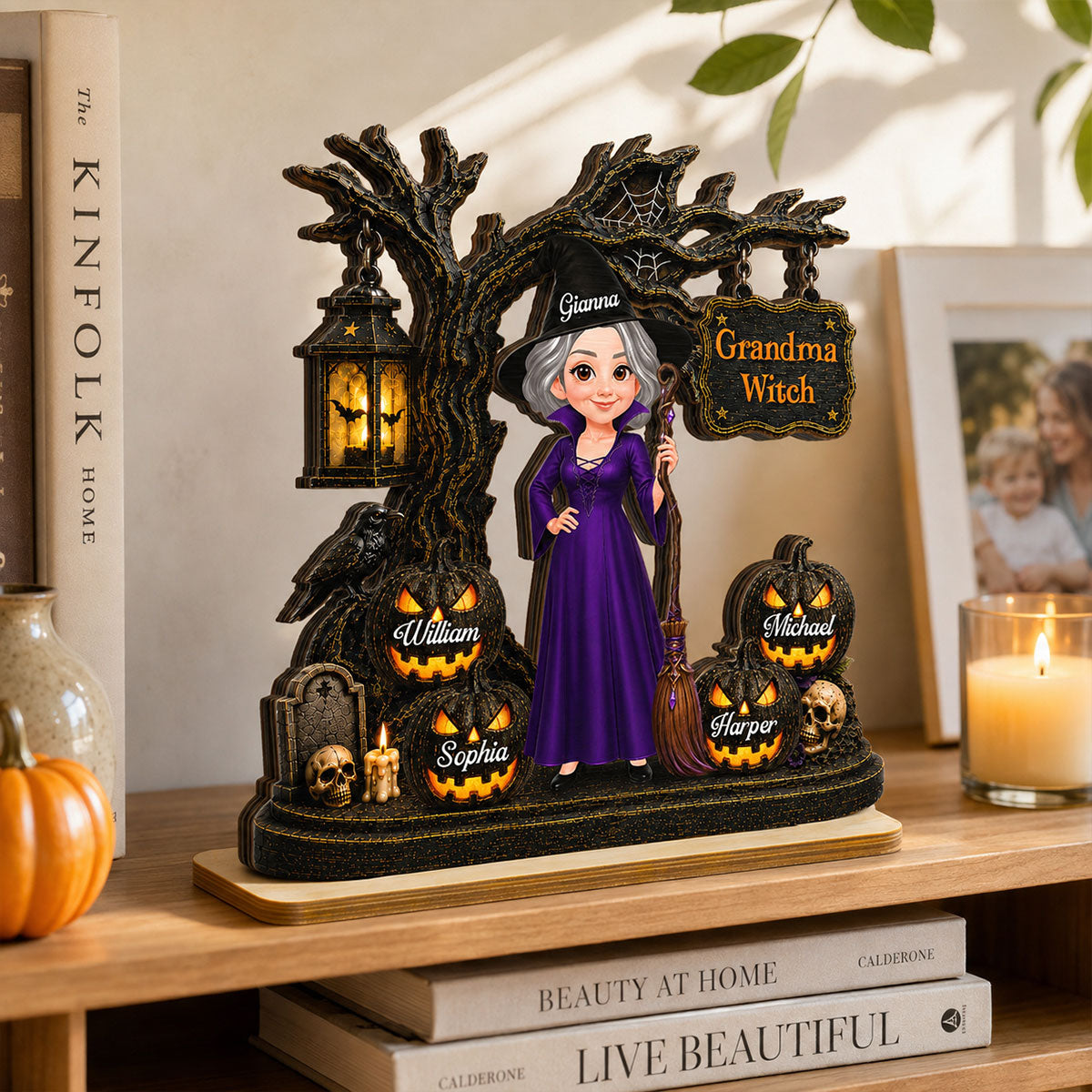 Grandma Witch With Grandkids Jack-O’-Lanterns - Personalized Wooden Plaque - Spooky Halloween Gift For Grandma