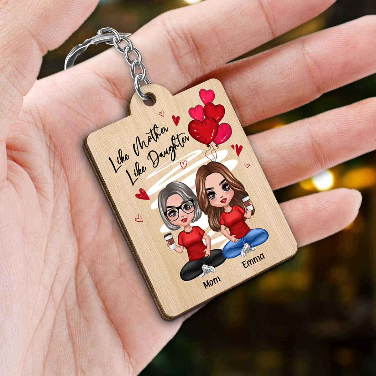 Red Hearts Like Mother Like Daughters Doll Favorite Song Scannable QR Code Gift For Mom Daughters Matching Personalized Wooden Keychain