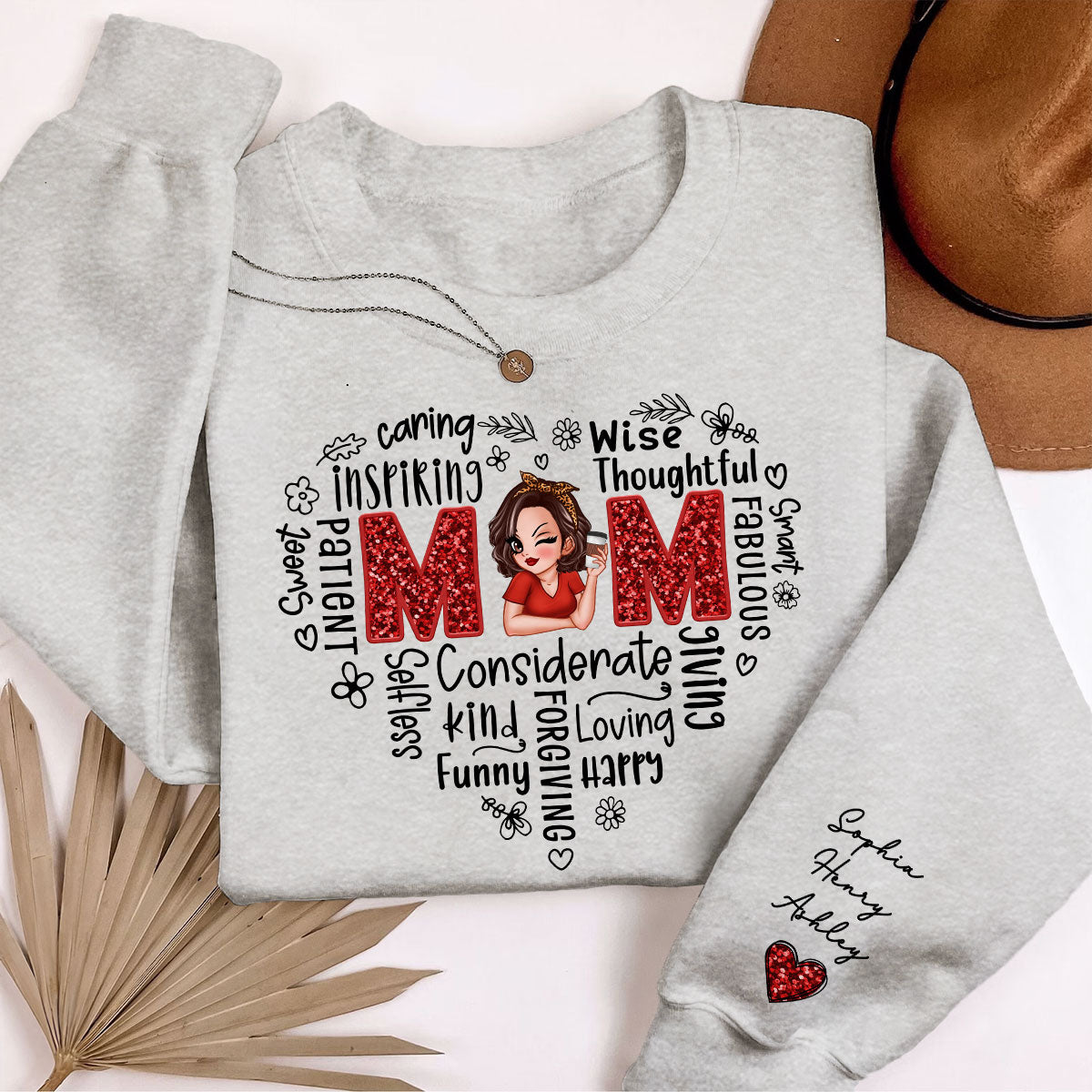 Mom Word Art Pretty Woman With Kids Names On Sleeve Personalized Sleeve Printed Sweatshirt