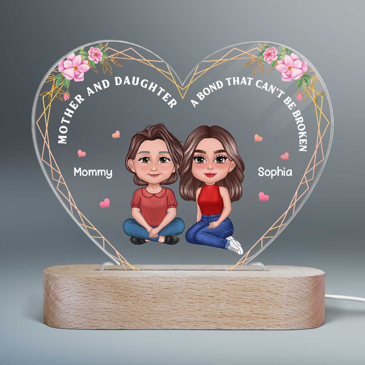 Pretty Doll Mother Daughters Flower Frame Personalized Acrylic Heart LED Night Light