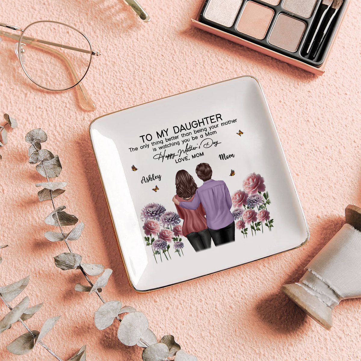 To My Daughter From Mom Happy Mother's Day Birth Flower Personalized Jewelry Dish, Gift For Daughter
