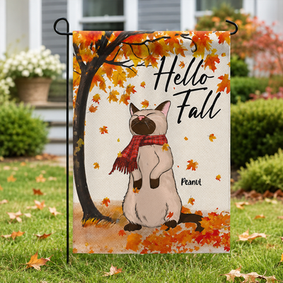 Hello Fall Cute Cat Standing In Fall Breeze - Personalized Garden Flag - Fall Season Decor For Cat Lover