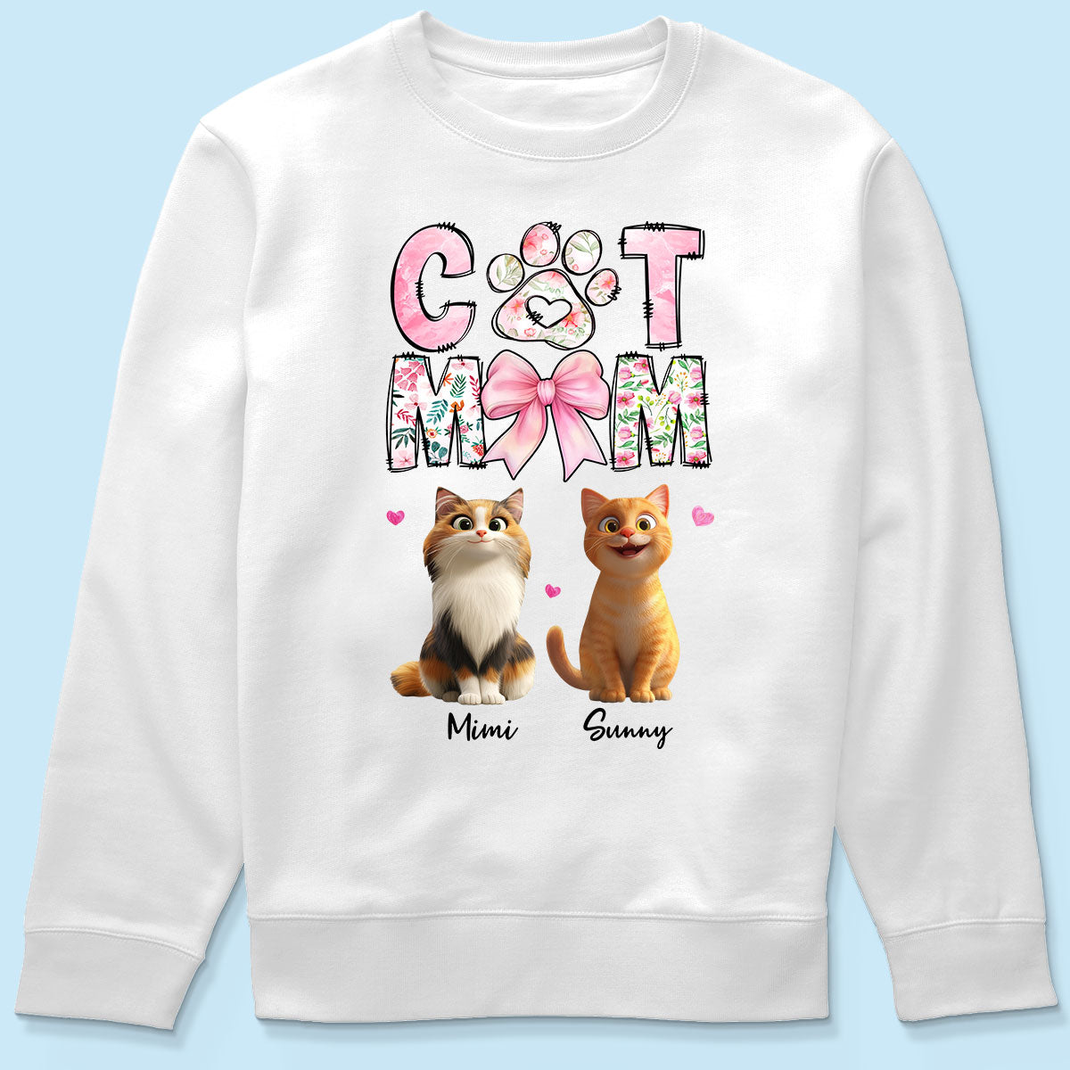 Cat Mom Pink Coquette Personalized Shirt, Cartoon Cute Cat, Gift for Cat Moms