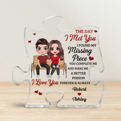 Couple Sitting On Bench Found My Missing Piece Personalized Puzzle Acrylic Plaque - Gift For Him Gift For Her