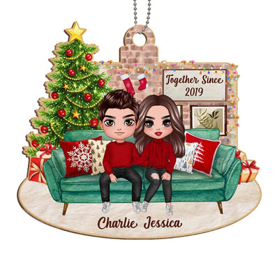 Couple Sitting On Sofa Christmas Personalized Wooden Ornament