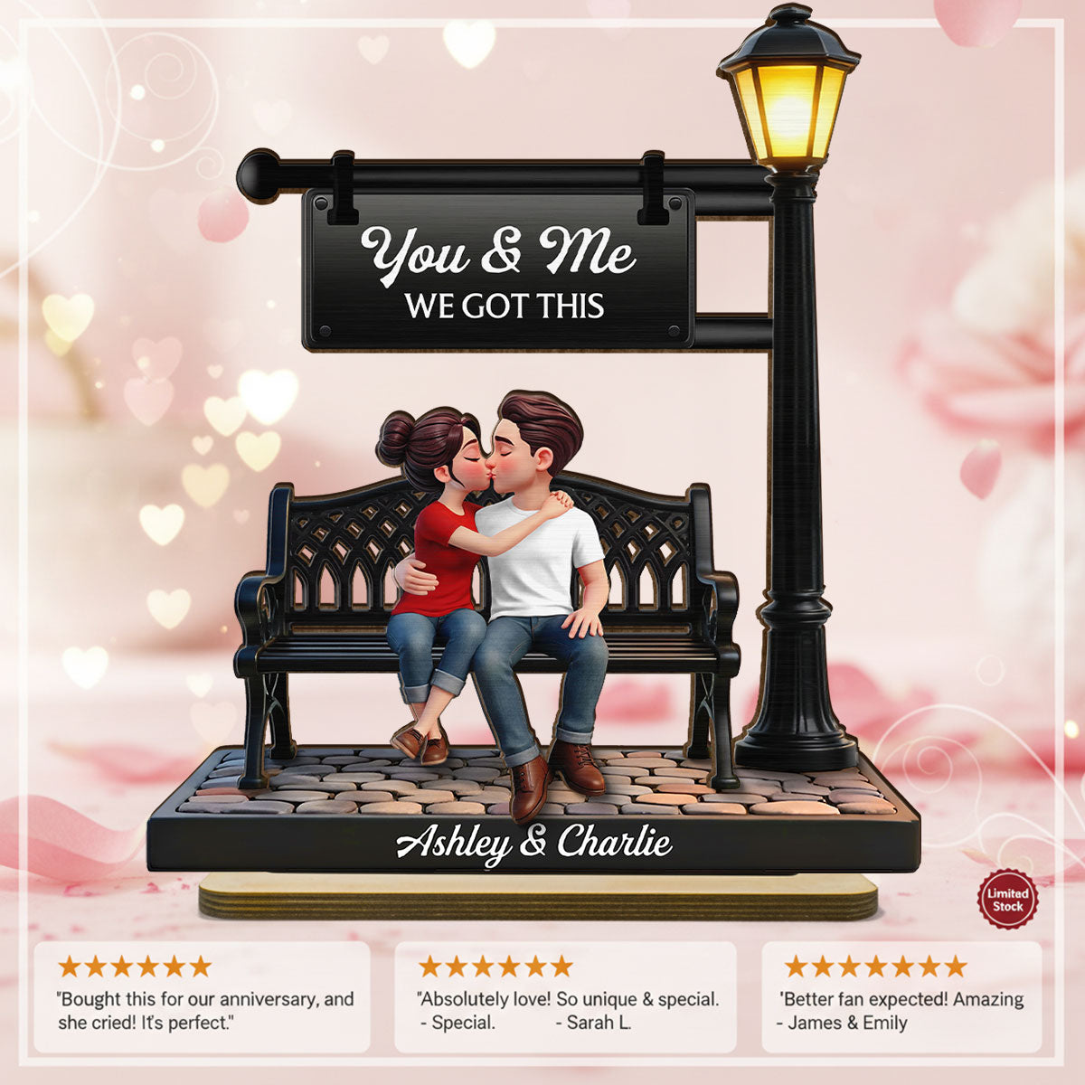 Everlasting Love Couple Sitting Kissing Under Lamp Post - Personalized 2-Layered Wooden Plaque - Heartfelt Gift For Couple