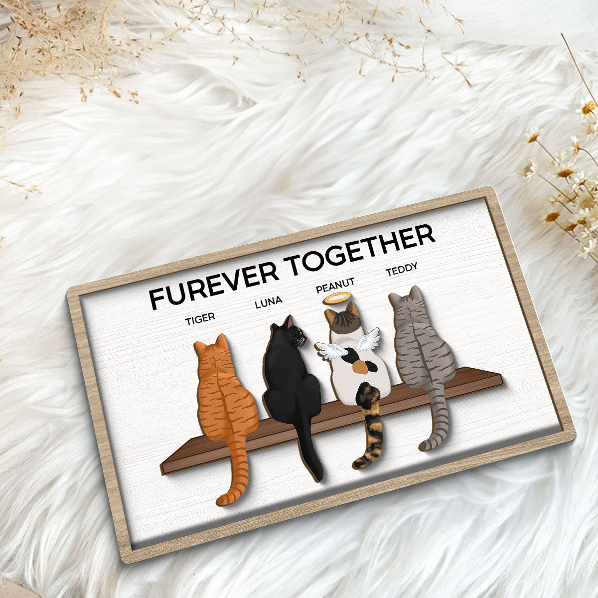 Furever Together Cat Portrait Prints Cats On A Shelf Personalized 2-Layer Wooden Plaque