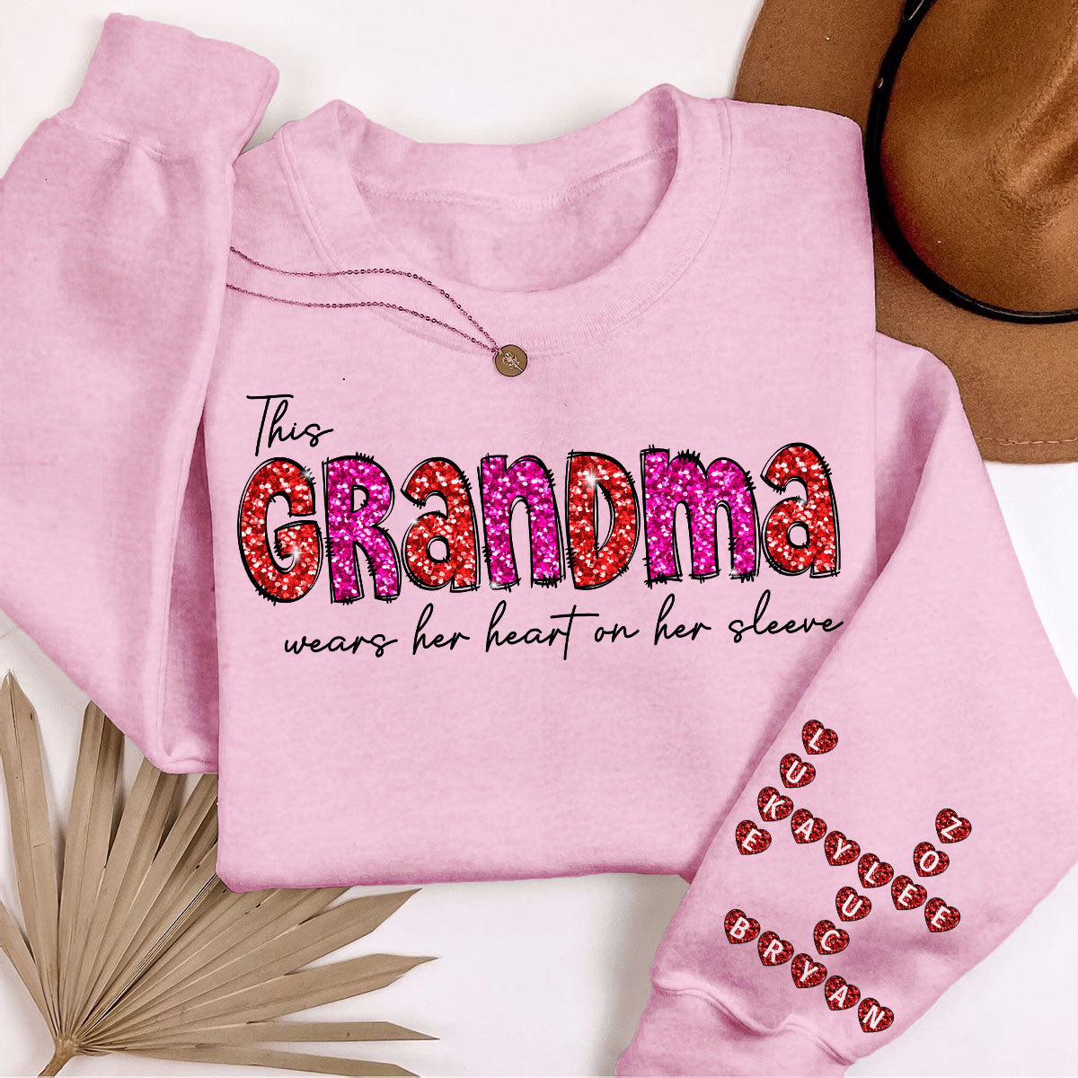This Grandma Wears Heart On Her Sleeve Personalized Sleeve Printed Sweatshirt