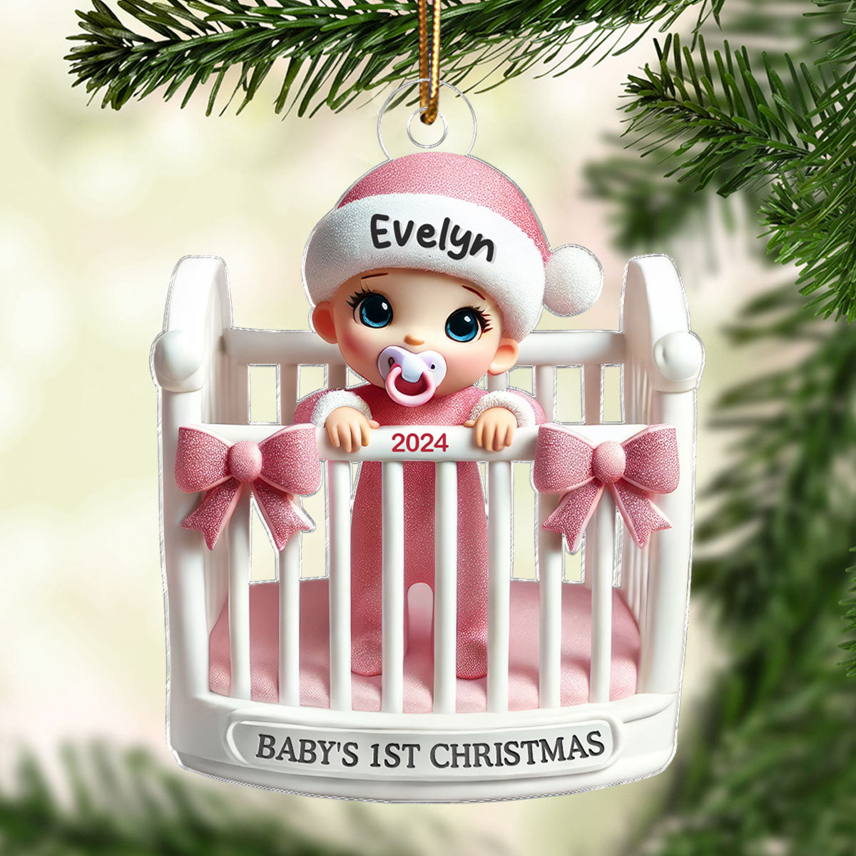 Baby Inside Crib 3D Effect Baby's First Christmas Personalized Acrylic Flat Ornament