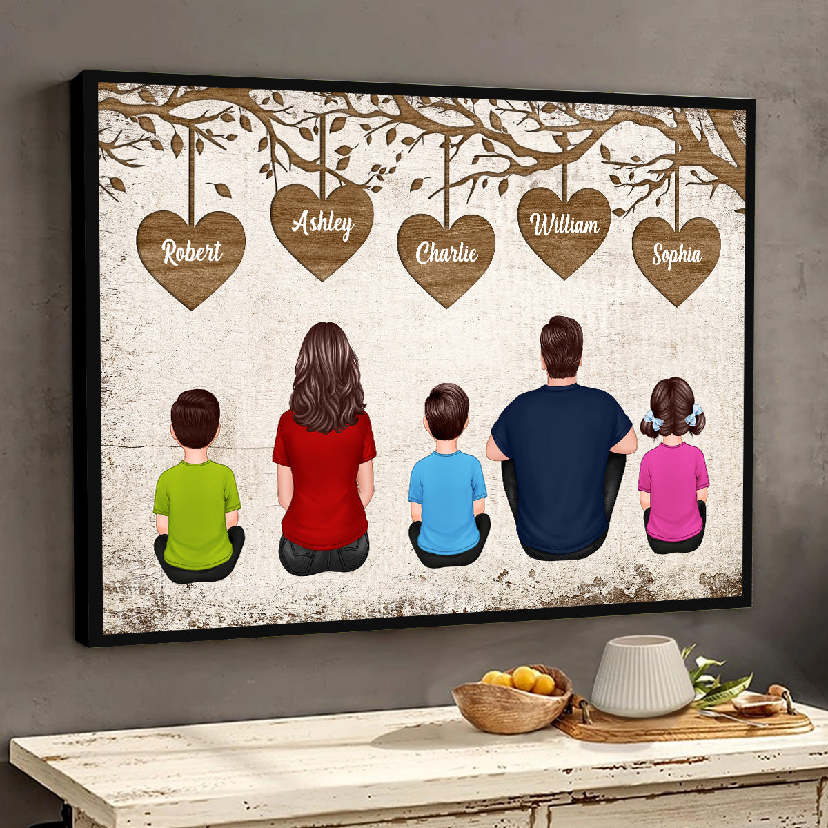Whole Back View Family Sitting Under Heart Tree Personalized Horizontal Poster
