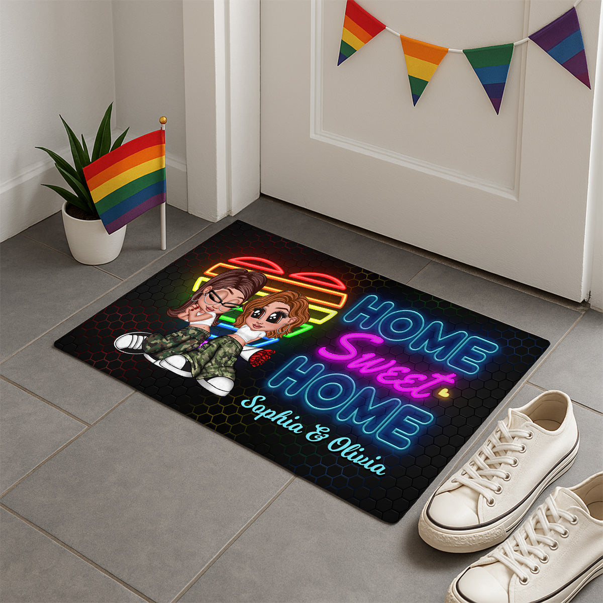 Home Sweet Home Love Wins Y2K Couple Neon Theme Personalized Doormat