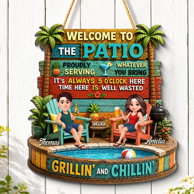 Couple Patio Welcome Proudly Serving Whatever You Bring - Personalized Wooden Sign - Summer Backyard Decor
